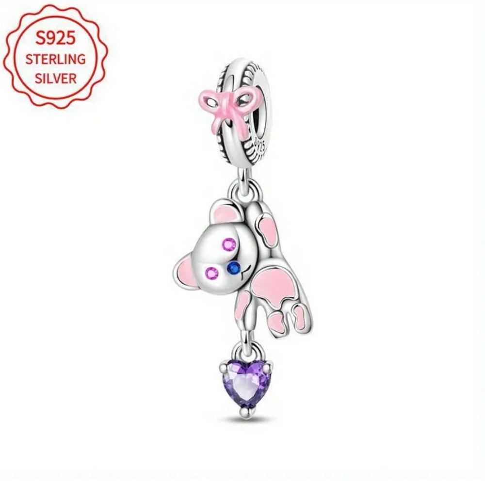 🆕 9.25 Sterling Silver - Breast Cancer - Teddy Bear Charm - Purple Heart 💜